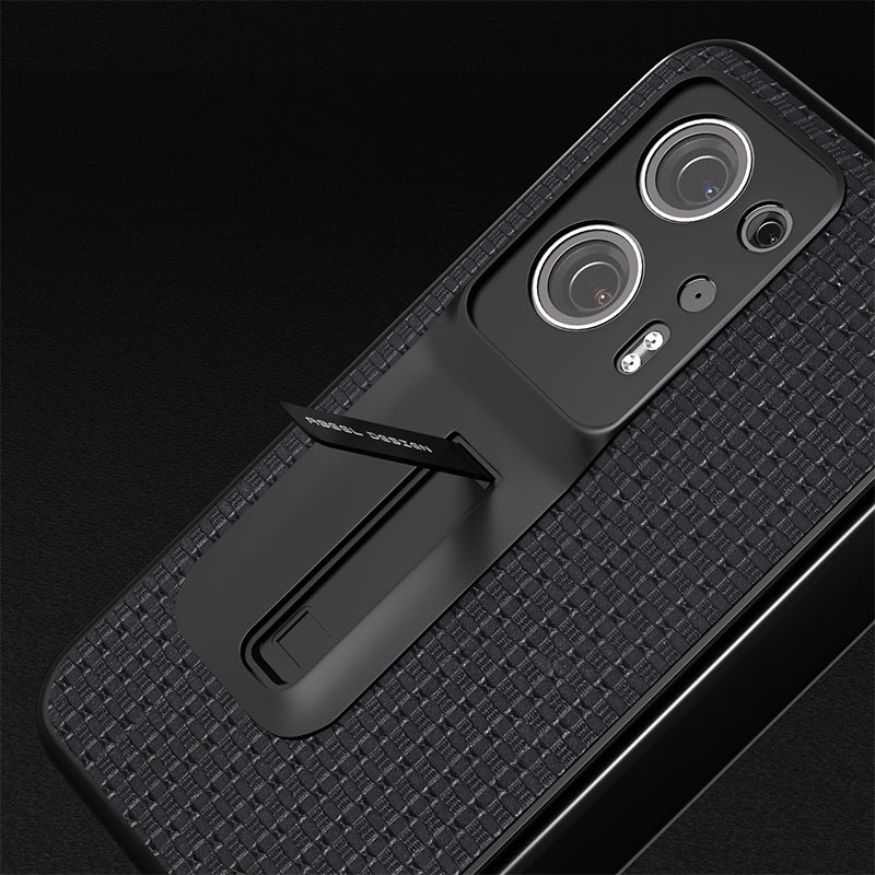 ABEEL For Oppo Find N2 5G Cowhide Leather+PC Back Cover Kickstand Phone Case with Tempered Glass Film