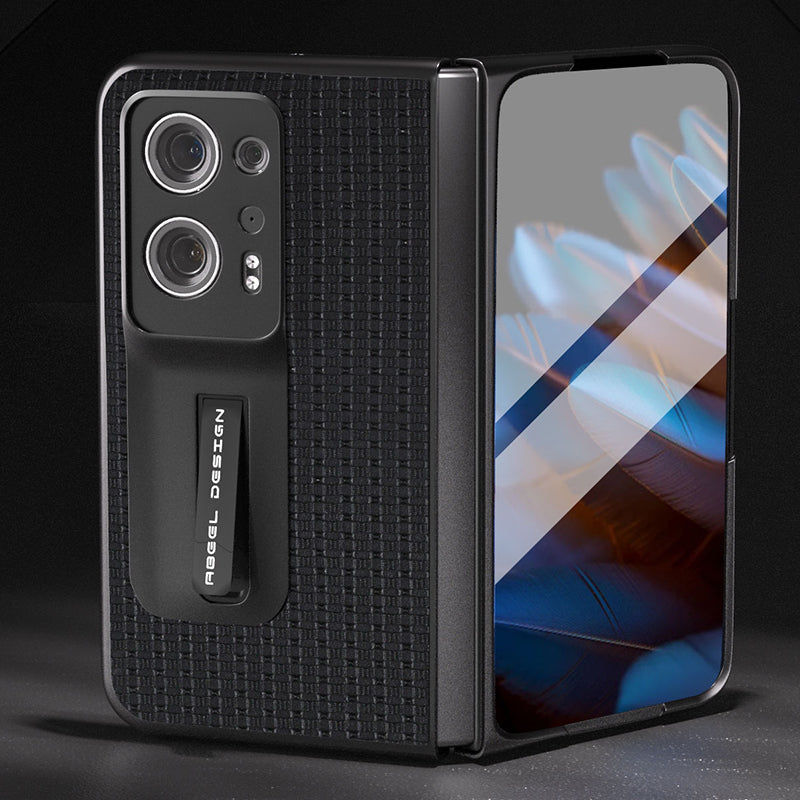 ABEEL For Oppo Find N2 5G Cowhide Leather+PC Back Cover Kickstand Phone Case with Tempered Glass Film