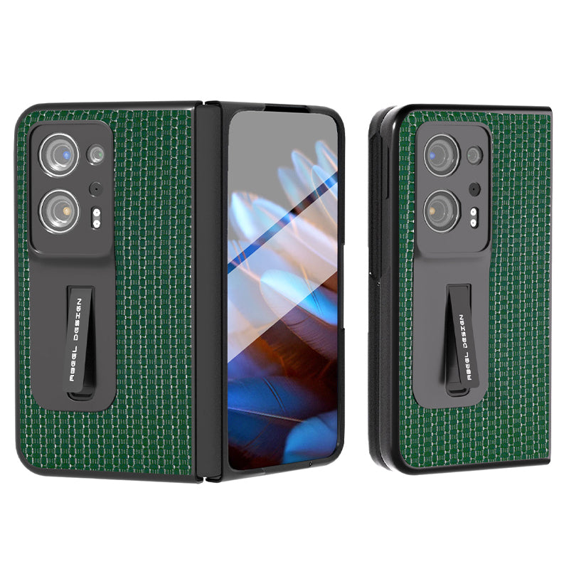 ABEEL For Oppo Find N2 5G Cowhide Leather+PC Back Cover Kickstand Phone Case with Tempered Glass Film