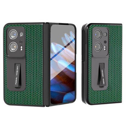 ABEEL For Oppo Find N2 5G Cowhide Leather+PC Back Cover Kickstand Phone Case with Tempered Glass Film