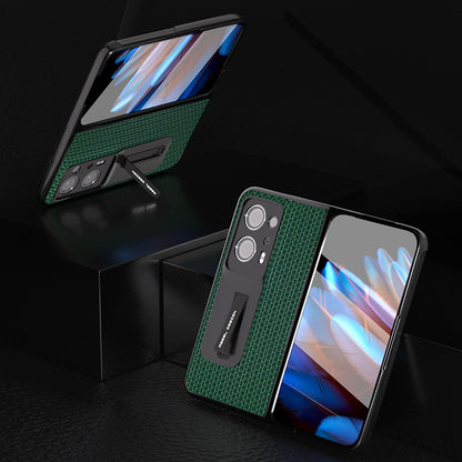 ABEEL For Oppo Find N2 5G Cowhide Leather+PC Back Cover Kickstand Phone Case with Tempered Glass Film