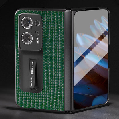 ABEEL For Oppo Find N2 5G Cowhide Leather+PC Back Cover Kickstand Phone Case with Tempered Glass Film