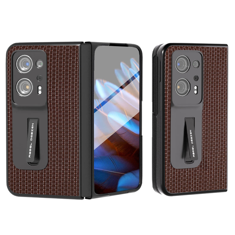 ABEEL For Oppo Find N2 5G Cowhide Leather+PC Back Cover Kickstand Phone Case with Tempered Glass Film