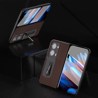 ABEEL For Oppo Find N2 5G Cowhide Leather+PC Back Cover Kickstand Phone Case with Tempered Glass Film