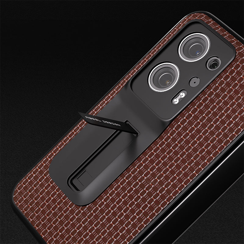 ABEEL For Oppo Find N2 5G Cowhide Leather+PC Back Cover Kickstand Phone Case with Tempered Glass Film