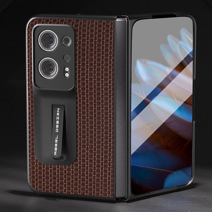 ABEEL For Oppo Find N2 5G Cowhide Leather+PC Back Cover Kickstand Phone Case with Tempered Glass Film