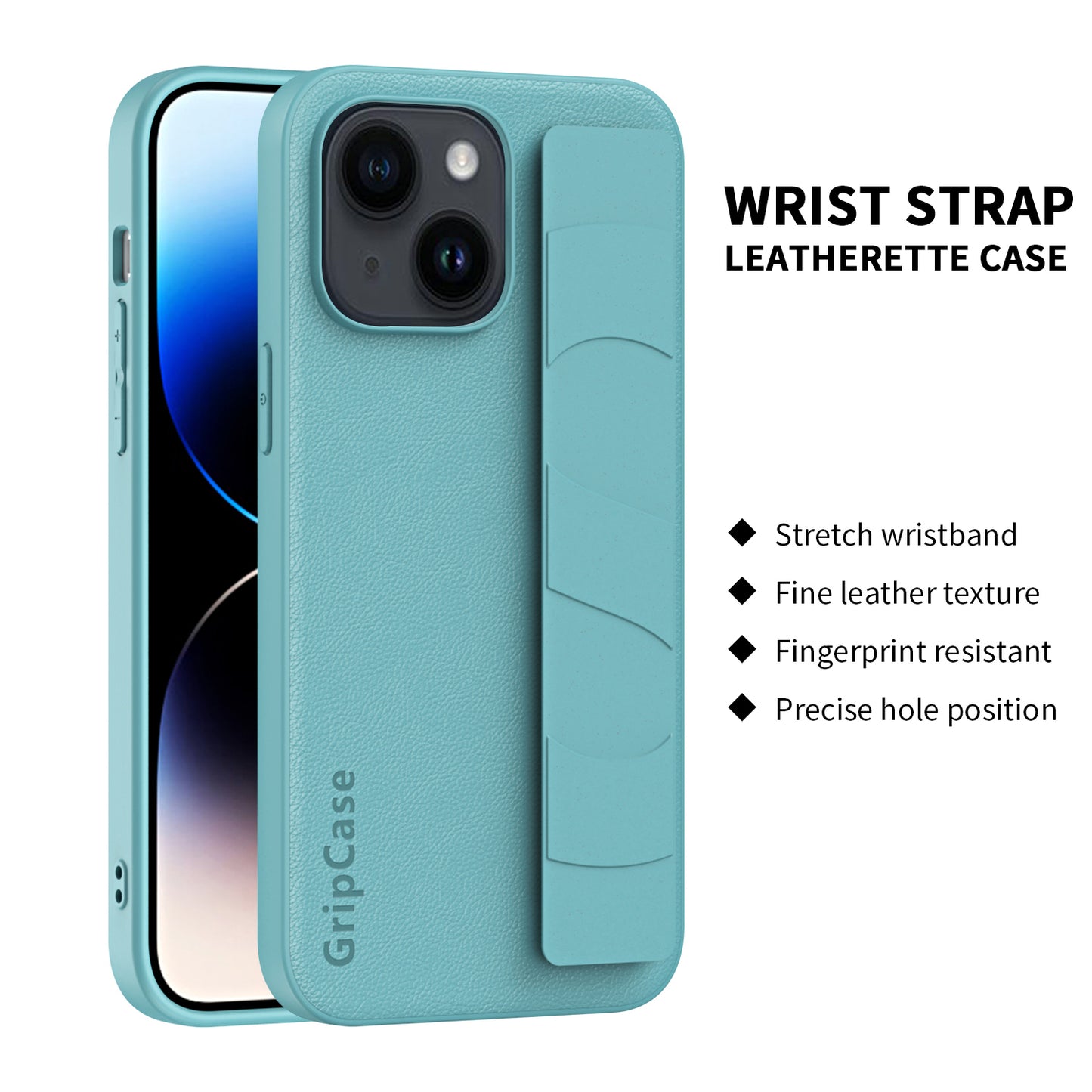 Anti-collision Phone Cover for iPhone 14 Plus Litchi Texture PU Leather Coated PC+TPU Wristband Case