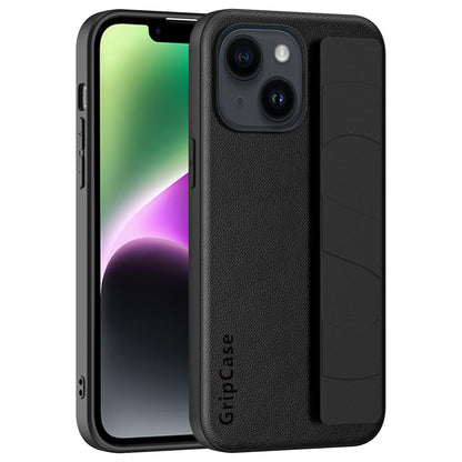 Anti-collision Phone Cover for iPhone 14 Plus Litchi Texture PU Leather Coated PC+TPU Wristband Case