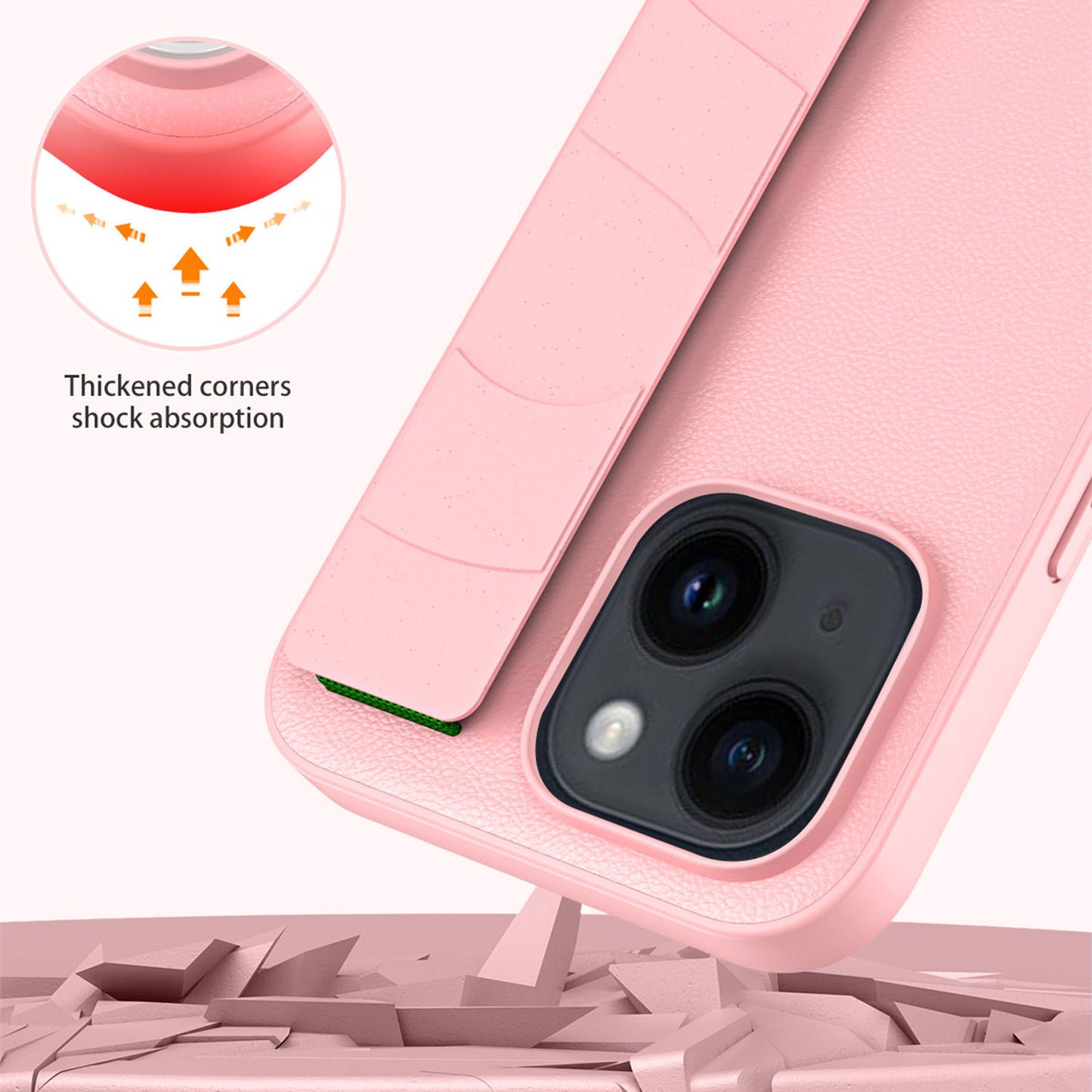 Anti-collision Phone Cover for iPhone 14 Plus Litchi Texture PU Leather Coated PC+TPU Wristband Case