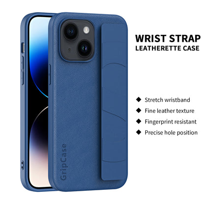 Anti-collision Phone Cover for iPhone 14 Plus Litchi Texture PU Leather Coated PC+TPU Wristband Case