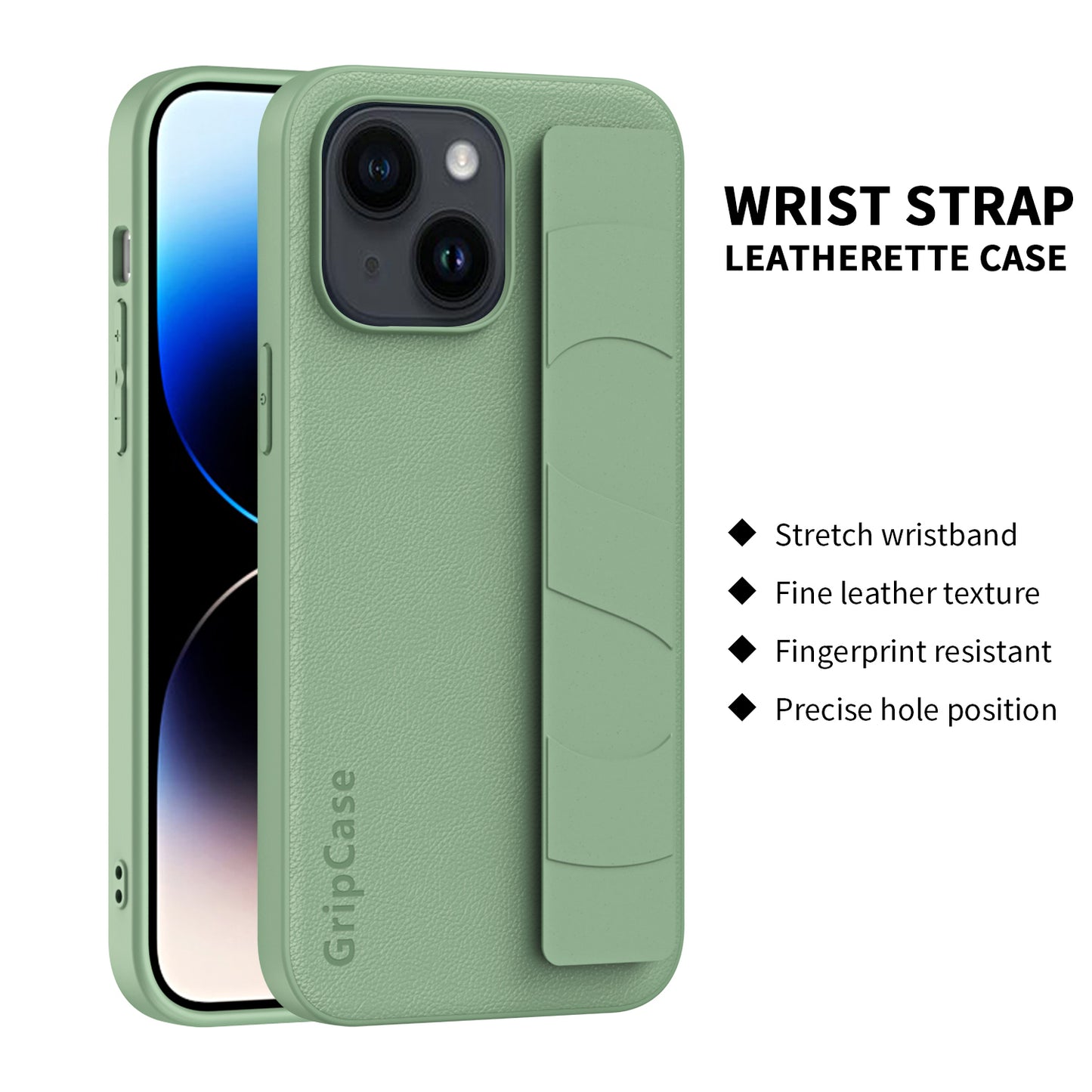 Anti-collision Phone Cover for iPhone 14 Plus Litchi Texture PU Leather Coated PC+TPU Wristband Case