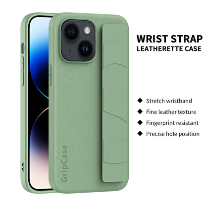 Anti-collision Phone Cover for iPhone 14 Plus Litchi Texture PU Leather Coated PC+TPU Wristband Case