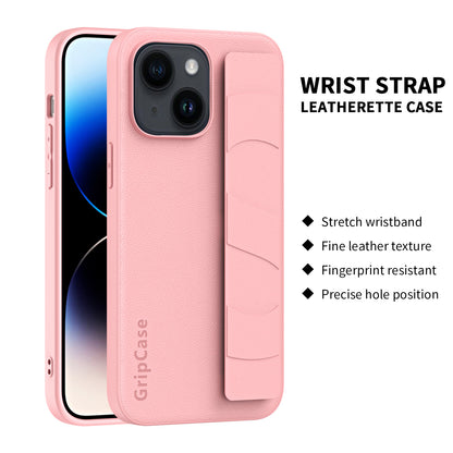 For iPhone 14 Litchi Texture Phone Cover Anti-scratch PU Leather Coated PC+TPU Case with Wristband