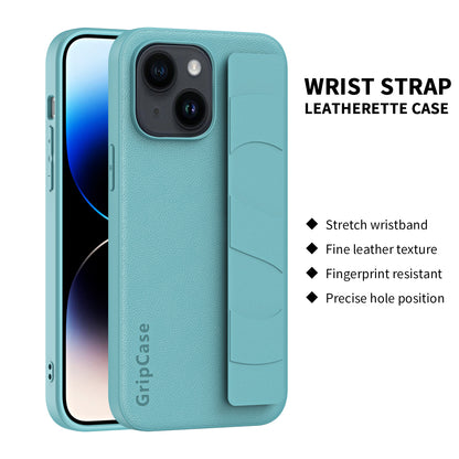 For iPhone 14 Litchi Texture Phone Cover Anti-scratch PU Leather Coated PC+TPU Case with Wristband