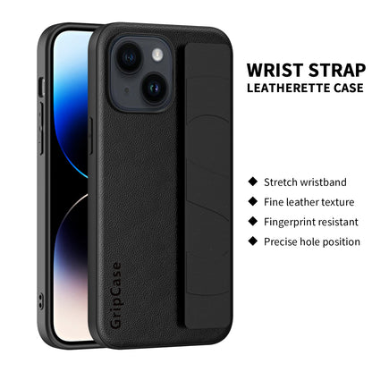 For iPhone 14 Litchi Texture Phone Cover Anti-scratch PU Leather Coated PC+TPU Case with Wristband