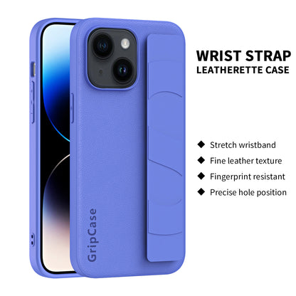 For iPhone 14 Litchi Texture Phone Cover Anti-scratch PU Leather Coated PC+TPU Case with Wristband