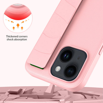 For iPhone 14 Litchi Texture Phone Cover Anti-scratch PU Leather Coated PC+TPU Case with Wristband