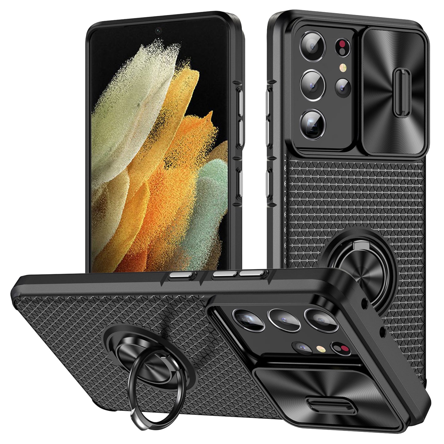 For Samsung Galaxy S21 Ultra 5G PC+TPU Phone Case Ring Kickstand Cover with Slide Camera Lens Protector