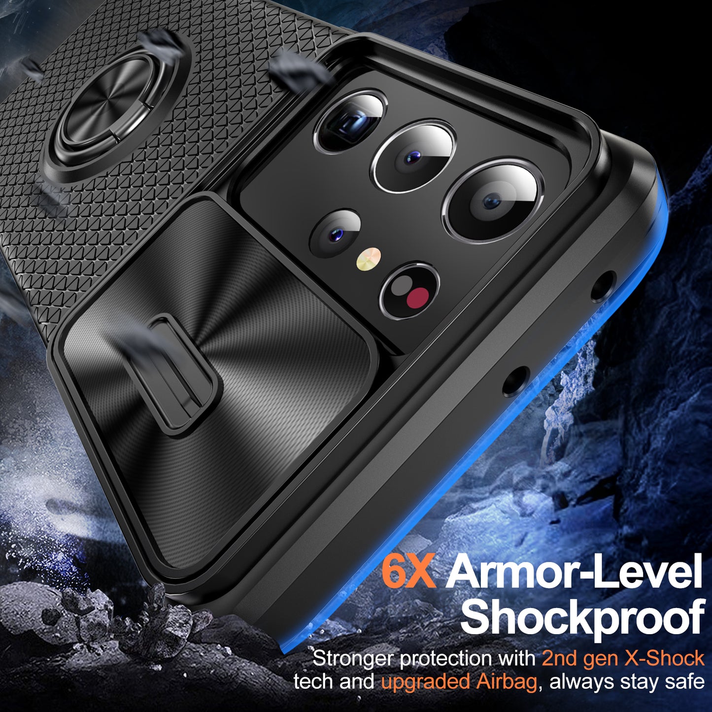 For Samsung Galaxy S21 Ultra 5G PC+TPU Phone Case Ring Kickstand Cover with Slide Camera Lens Protector