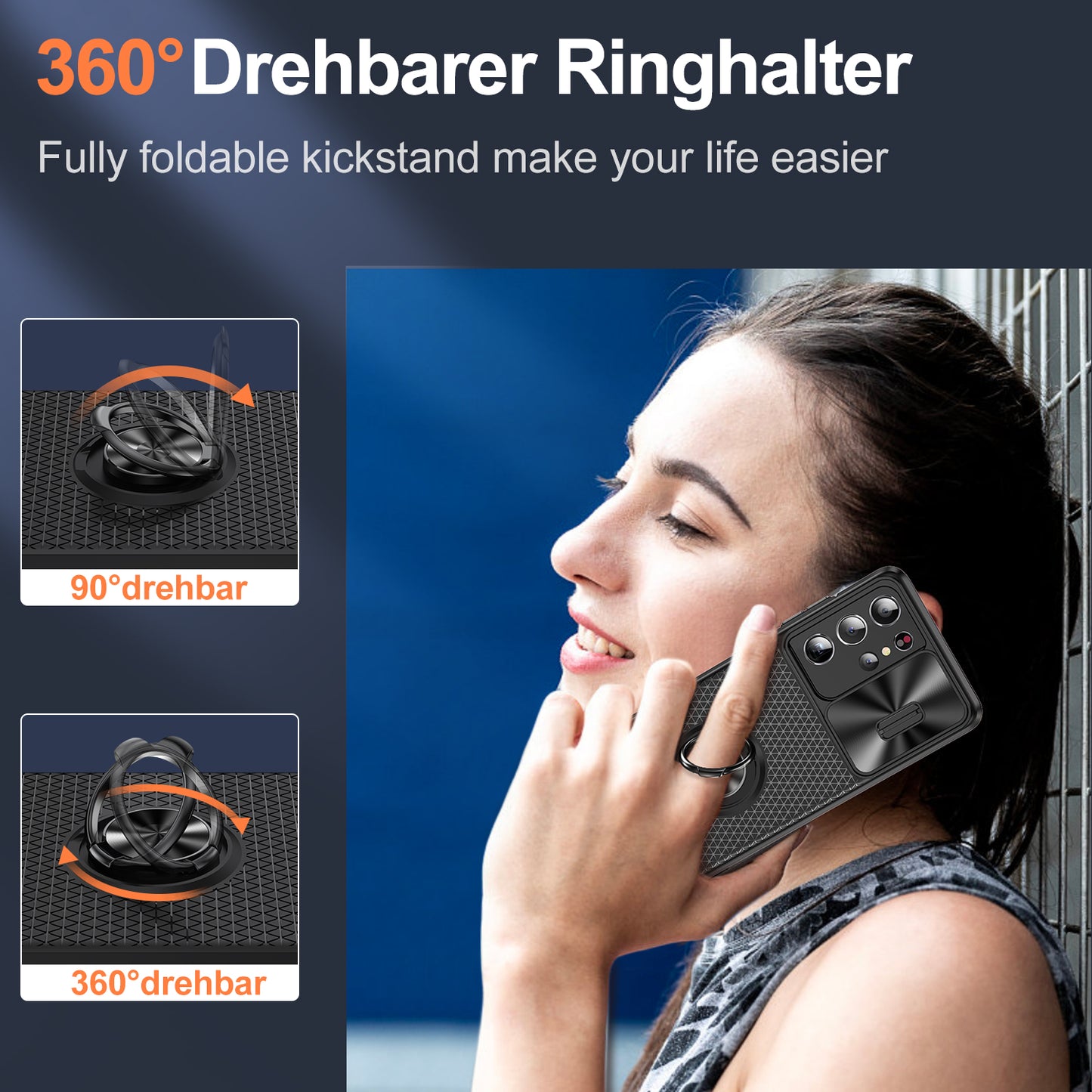 For Samsung Galaxy S21 Ultra 5G PC+TPU Phone Case Ring Kickstand Cover with Slide Camera Lens Protector