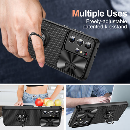 For Samsung Galaxy S21 Ultra 5G PC+TPU Phone Case Ring Kickstand Cover with Slide Camera Lens Protector