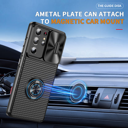 For Samsung Galaxy S21 Ultra 5G PC+TPU Phone Case Ring Kickstand Cover with Slide Camera Lens Protector