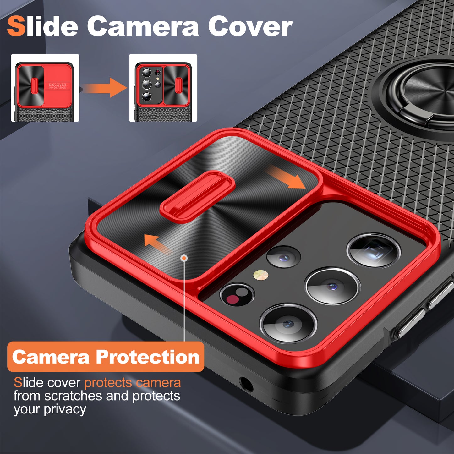 For Samsung Galaxy S21 Ultra 5G PC+TPU Phone Case Ring Kickstand Cover with Slide Camera Lens Protector