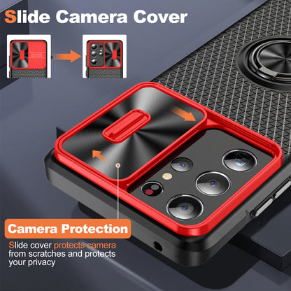 For Samsung Galaxy S21 Ultra 5G PC+TPU Phone Case Ring Kickstand Cover with Slide Camera Lens Protector