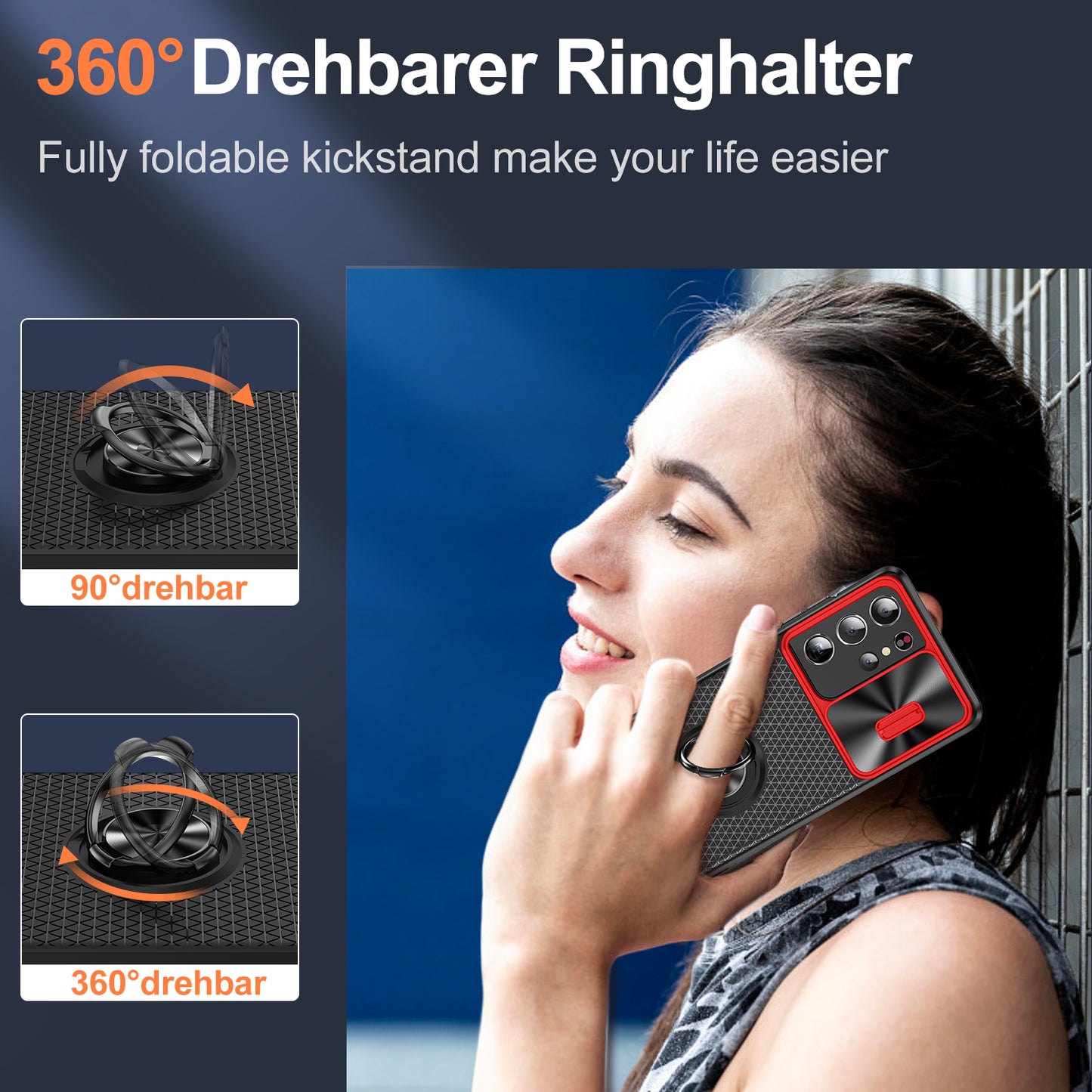 For Samsung Galaxy S21 Ultra 5G PC+TPU Phone Case Ring Kickstand Cover with Slide Camera Lens Protector