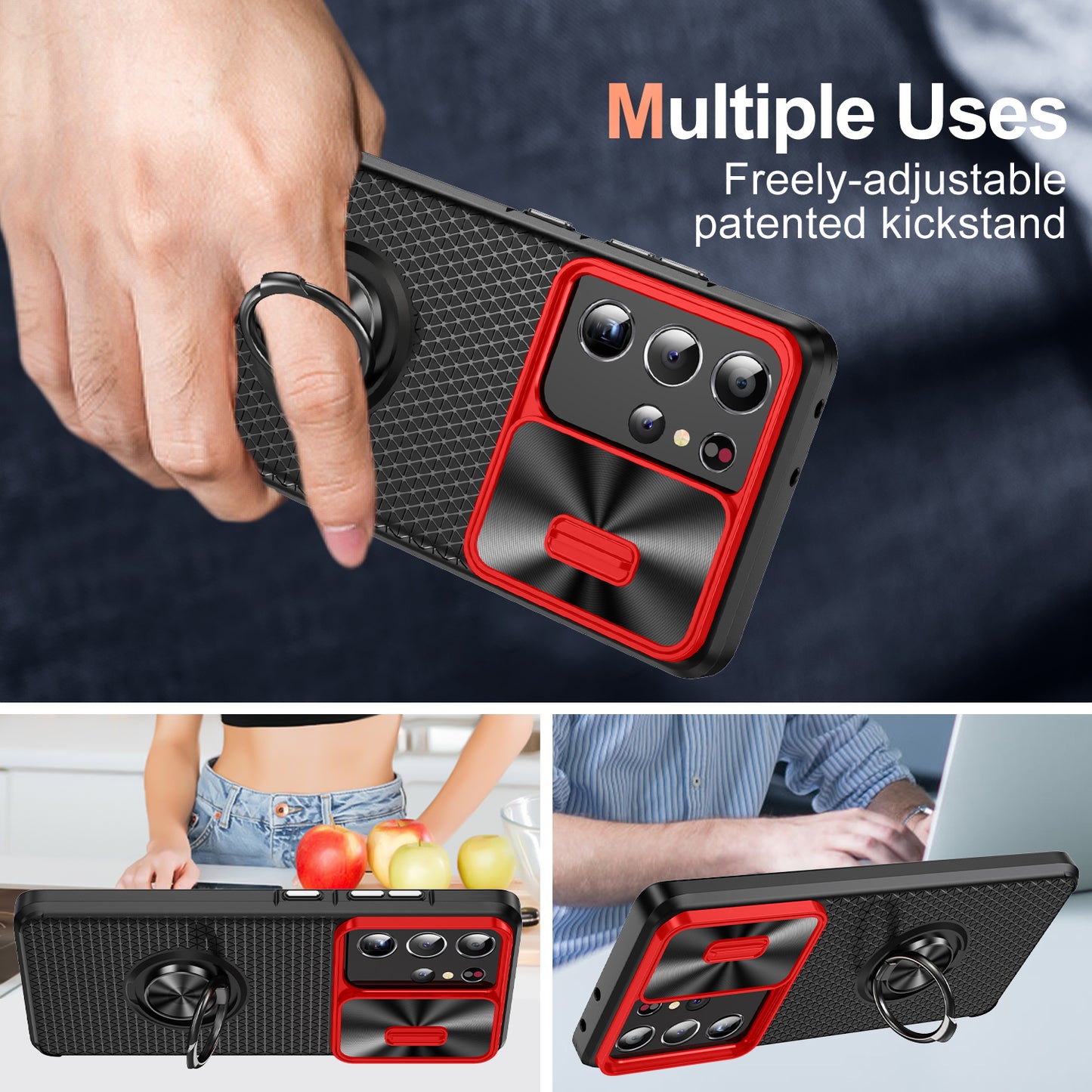 For Samsung Galaxy S21 Ultra 5G PC+TPU Phone Case Ring Kickstand Cover with Slide Camera Lens Protector