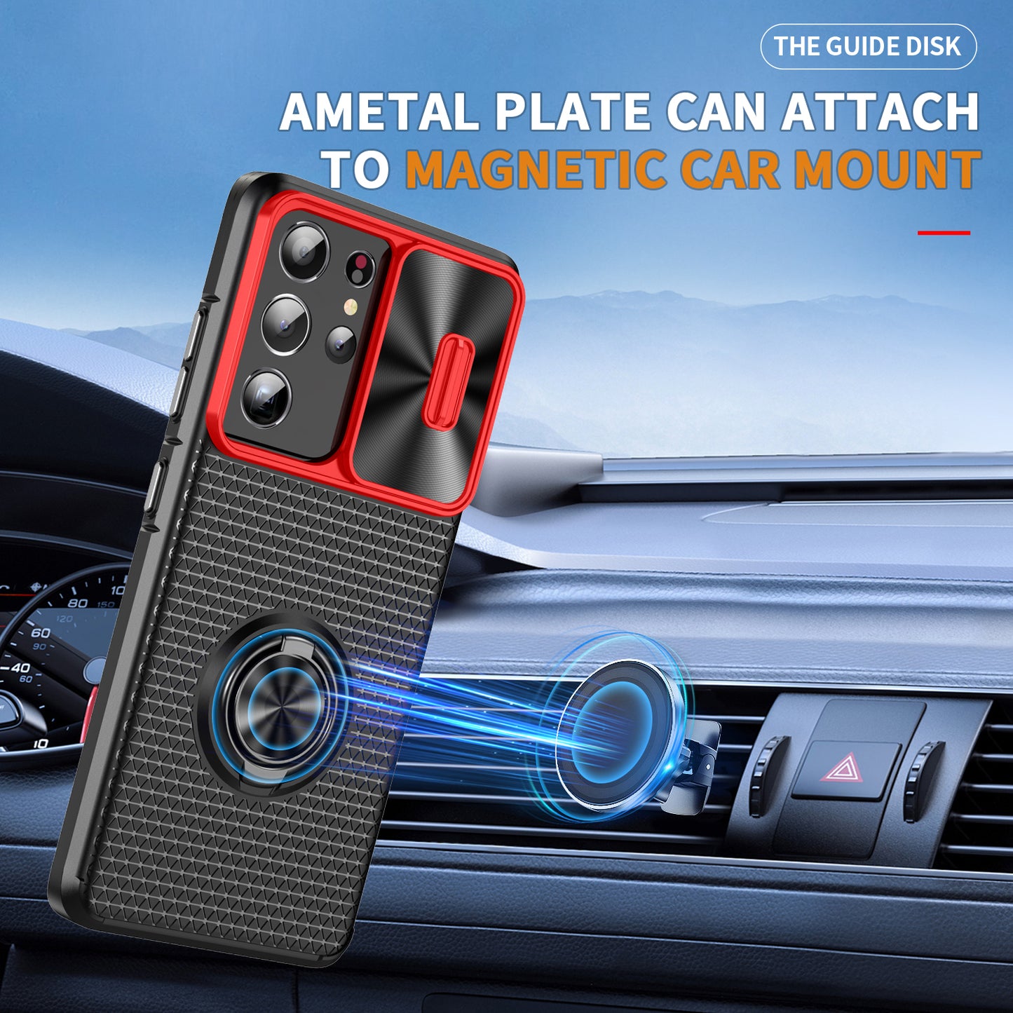 For Samsung Galaxy S21 Ultra 5G PC+TPU Phone Case Ring Kickstand Cover with Slide Camera Lens Protector