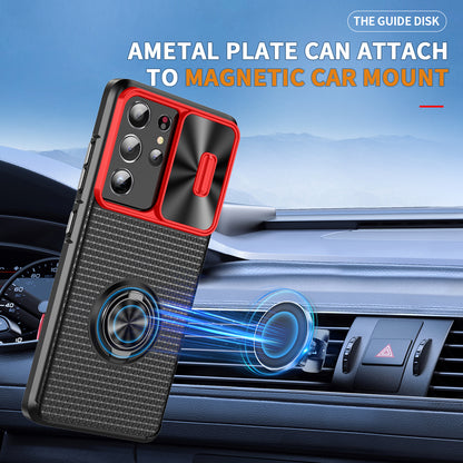 For Samsung Galaxy S21 Ultra 5G PC+TPU Phone Case Ring Kickstand Cover with Slide Camera Lens Protector