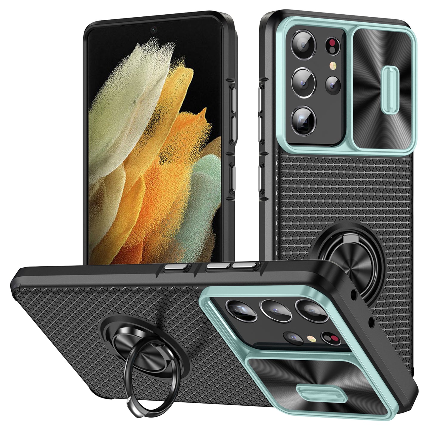 For Samsung Galaxy S21 Ultra 5G PC+TPU Phone Case Ring Kickstand Cover with Slide Camera Lens Protector