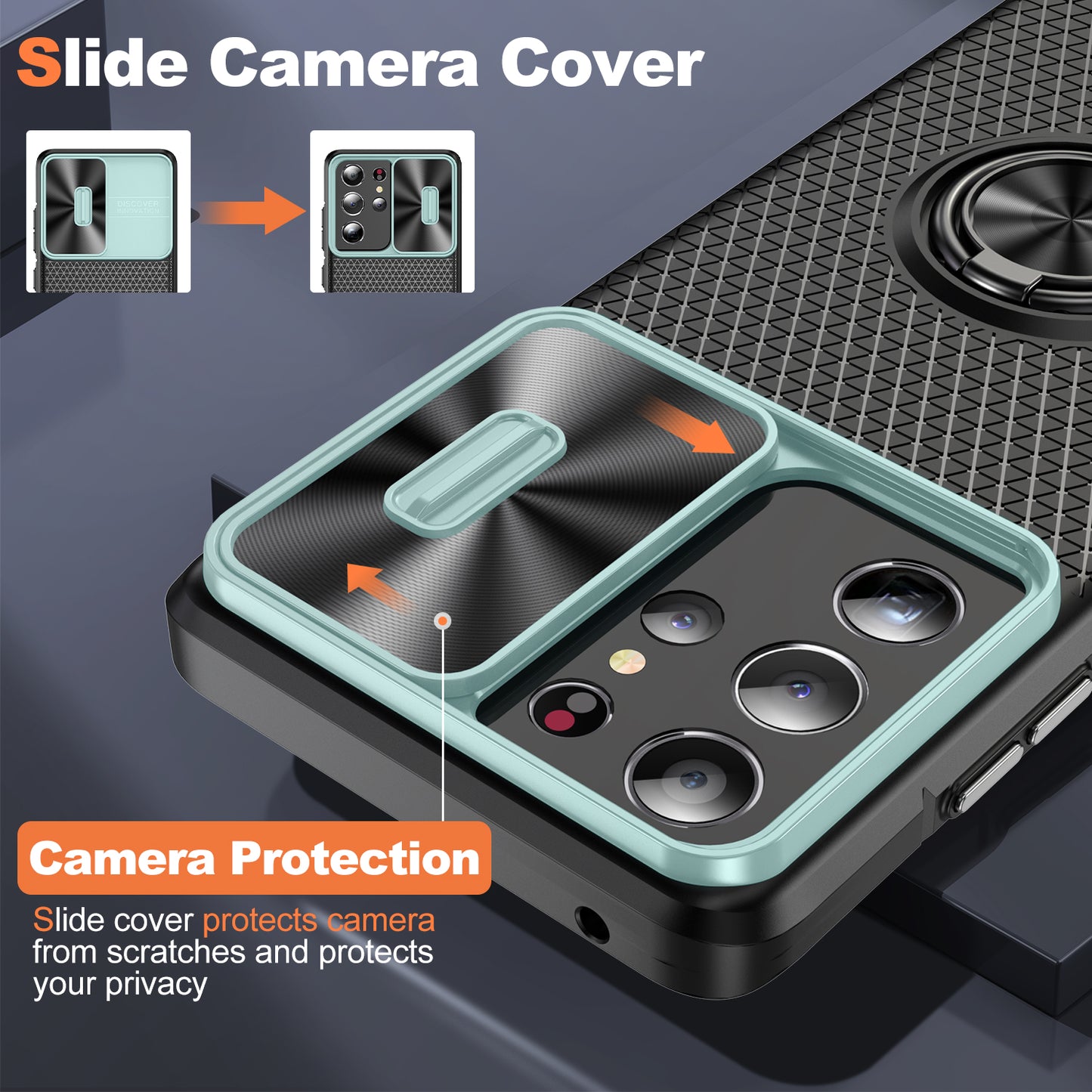 For Samsung Galaxy S21 Ultra 5G PC+TPU Phone Case Ring Kickstand Cover with Slide Camera Lens Protector