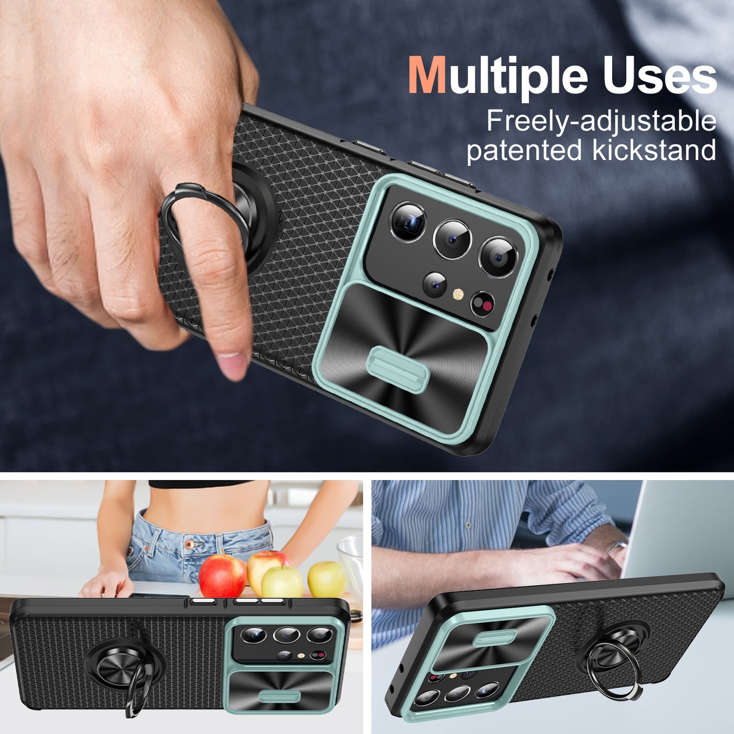 For Samsung Galaxy S21 Ultra 5G PC+TPU Phone Case Ring Kickstand Cover with Slide Camera Lens Protector