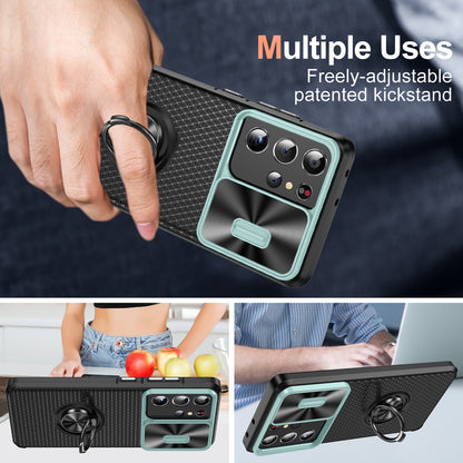 For Samsung Galaxy S21 Ultra 5G PC+TPU Phone Case Ring Kickstand Cover with Slide Camera Lens Protector