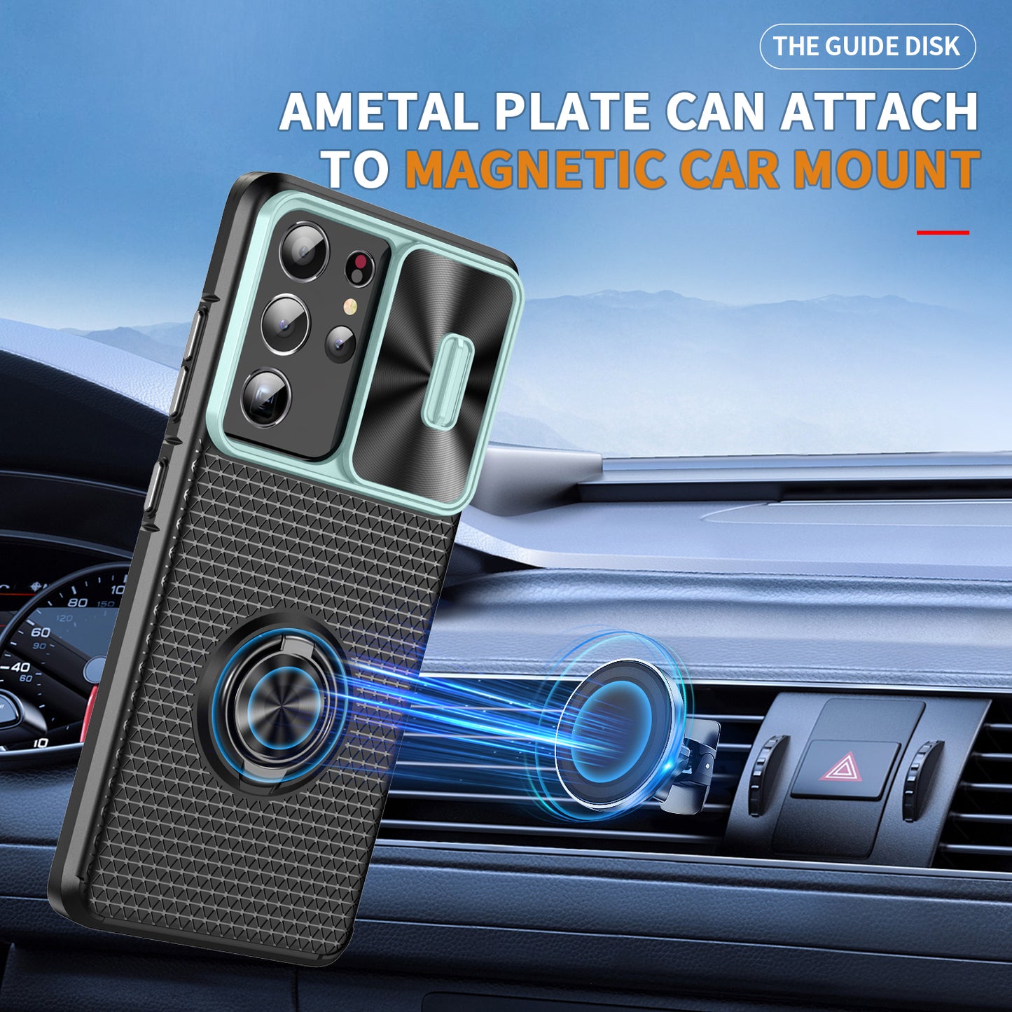 For Samsung Galaxy S21 Ultra 5G PC+TPU Phone Case Ring Kickstand Cover with Slide Camera Lens Protector