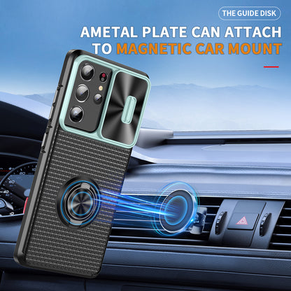 For Samsung Galaxy S21 Ultra 5G PC+TPU Phone Case Ring Kickstand Cover with Slide Camera Lens Protector