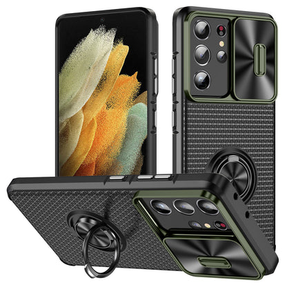 For Samsung Galaxy S21 Ultra 5G PC+TPU Phone Case Ring Kickstand Cover with Slide Camera Lens Protector