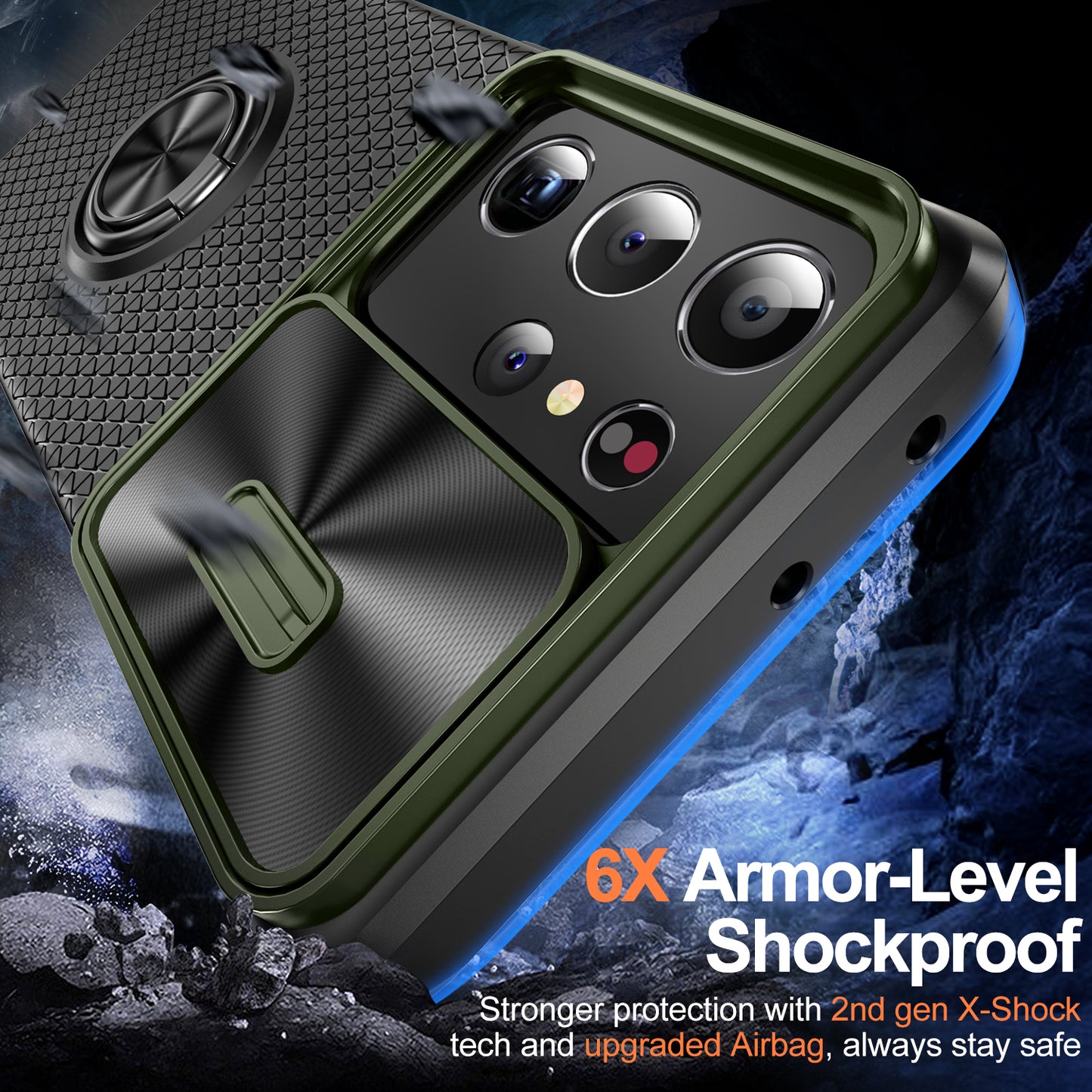 For Samsung Galaxy S21 Ultra 5G PC+TPU Phone Case Ring Kickstand Cover with Slide Camera Lens Protector