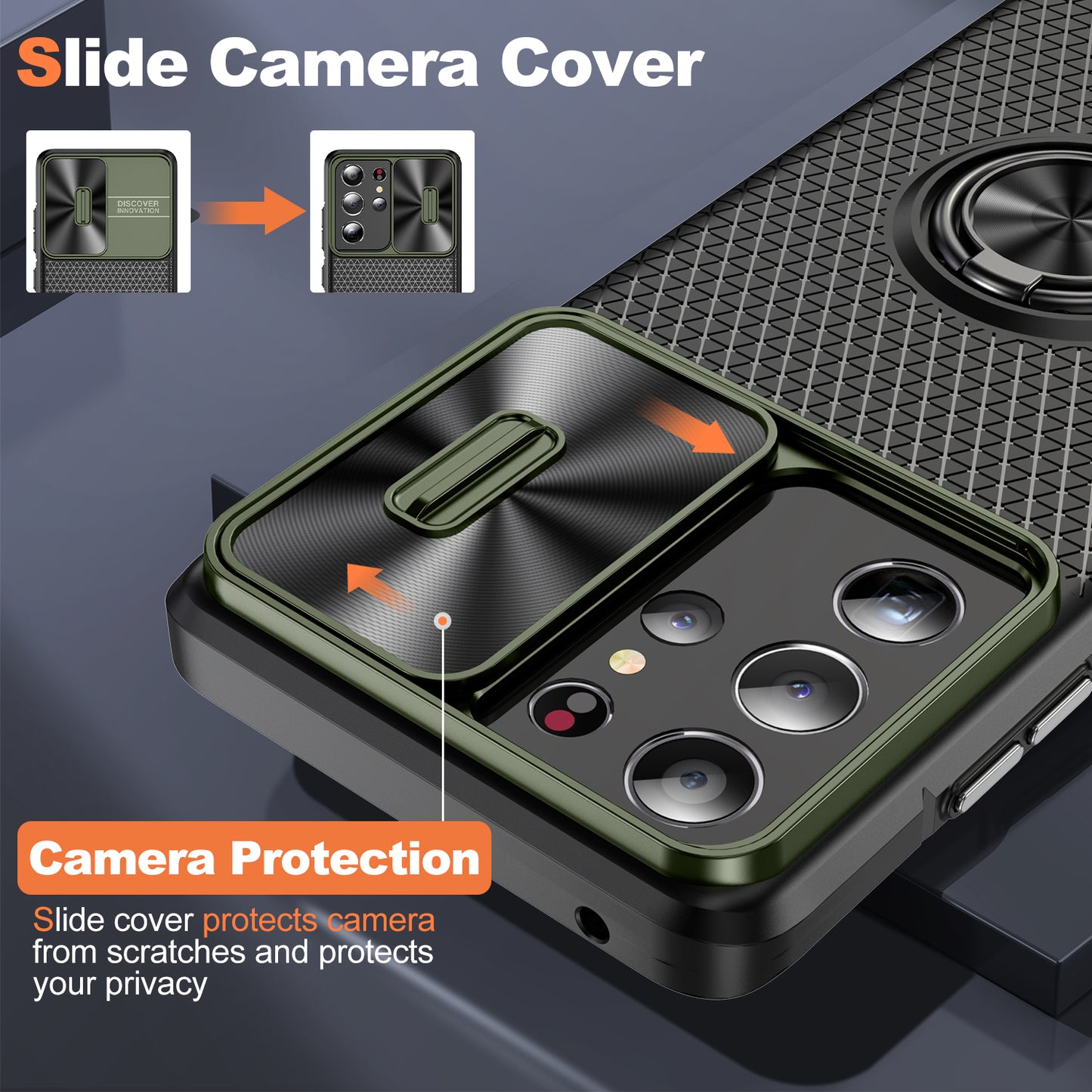 For Samsung Galaxy S21 Ultra 5G PC+TPU Phone Case Ring Kickstand Cover with Slide Camera Lens Protector