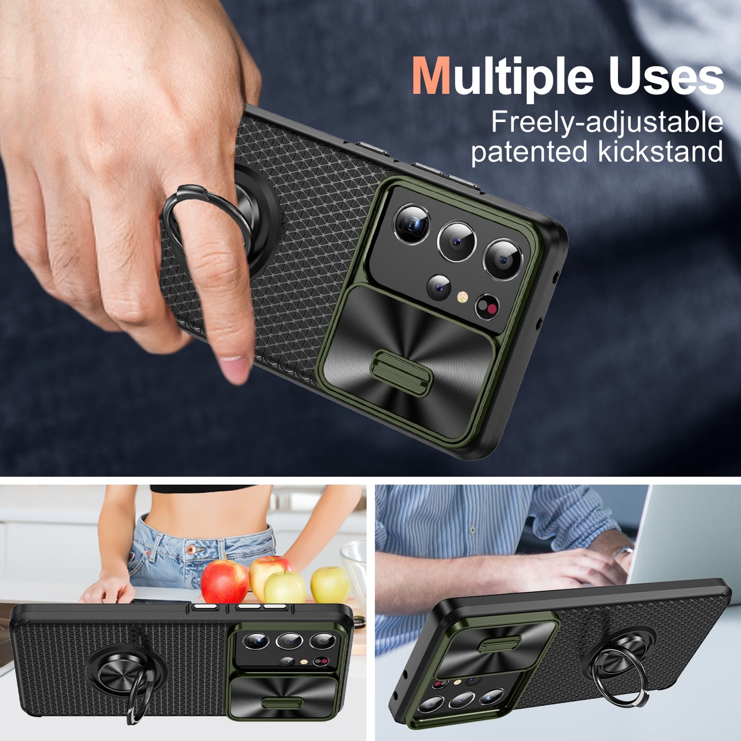 For Samsung Galaxy S21 Ultra 5G PC+TPU Phone Case Ring Kickstand Cover with Slide Camera Lens Protector