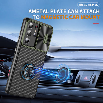 For Samsung Galaxy S21 Ultra 5G PC+TPU Phone Case Ring Kickstand Cover with Slide Camera Lens Protector