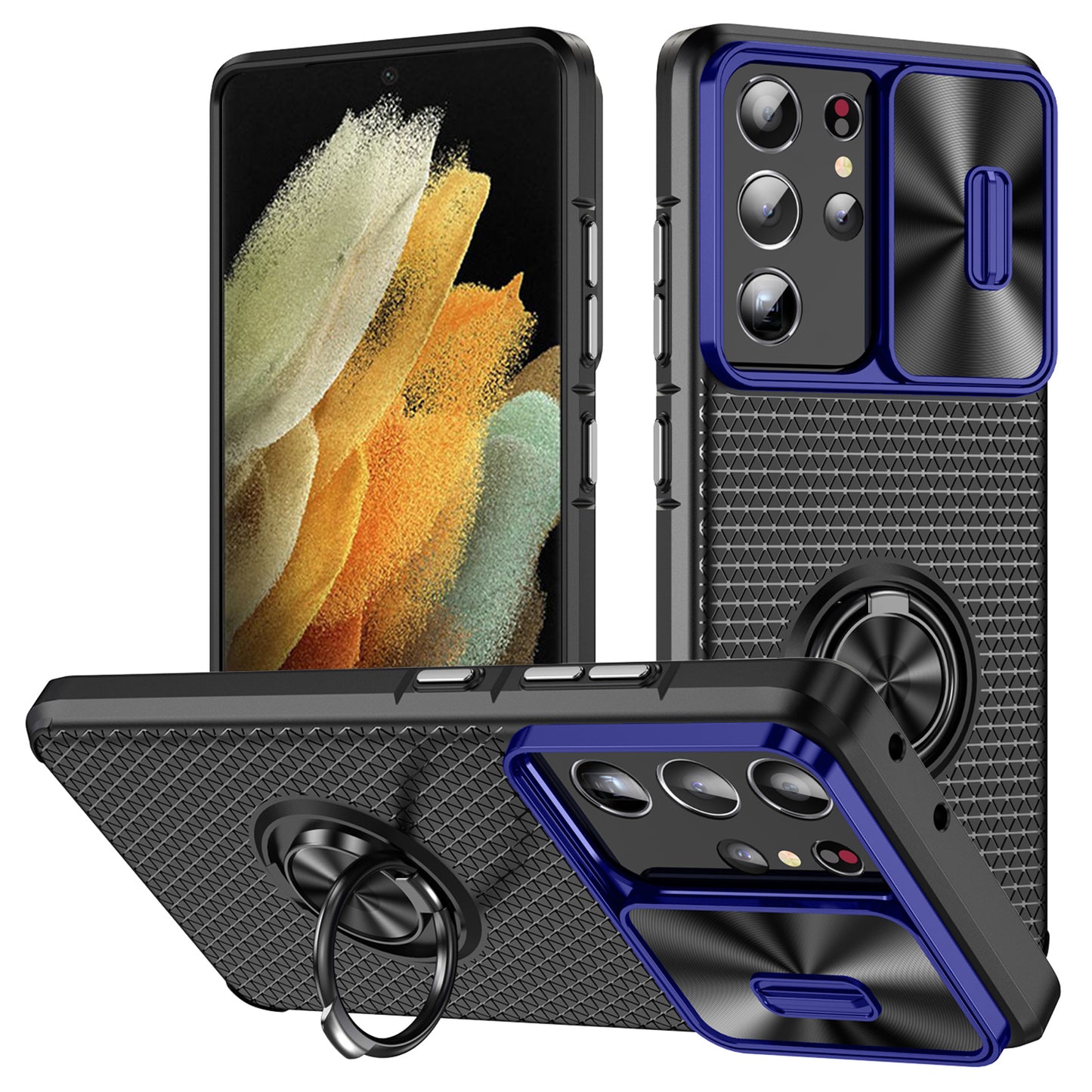 For Samsung Galaxy S21 Ultra 5G PC+TPU Phone Case Ring Kickstand Cover with Slide Camera Lens Protector