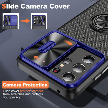 For Samsung Galaxy S21 Ultra 5G PC+TPU Phone Case Ring Kickstand Cover with Slide Camera Lens Protector