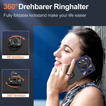 For Samsung Galaxy S21 Ultra 5G PC+TPU Phone Case Ring Kickstand Cover with Slide Camera Lens Protector