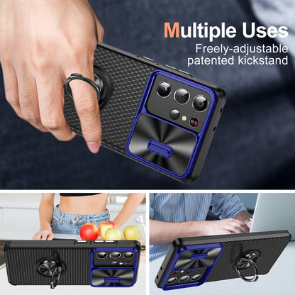 For Samsung Galaxy S21 Ultra 5G PC+TPU Phone Case Ring Kickstand Cover with Slide Camera Lens Protector