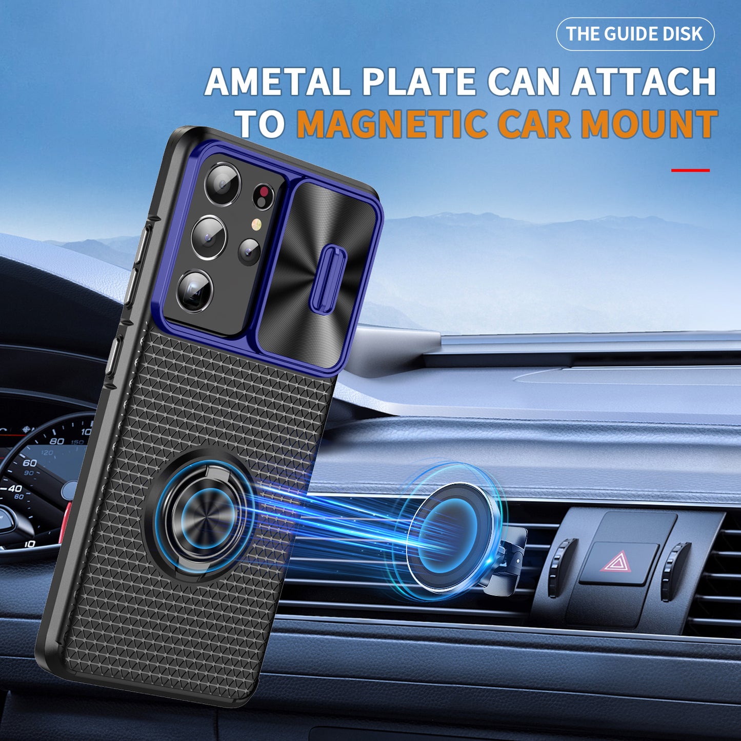 For Samsung Galaxy S21 Ultra 5G PC+TPU Phone Case Ring Kickstand Cover with Slide Camera Lens Protector