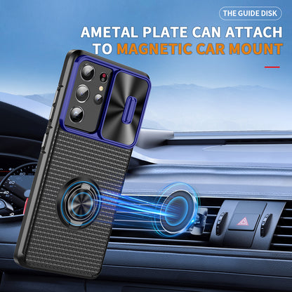 For Samsung Galaxy S21 Ultra 5G PC+TPU Phone Case Ring Kickstand Cover with Slide Camera Lens Protector