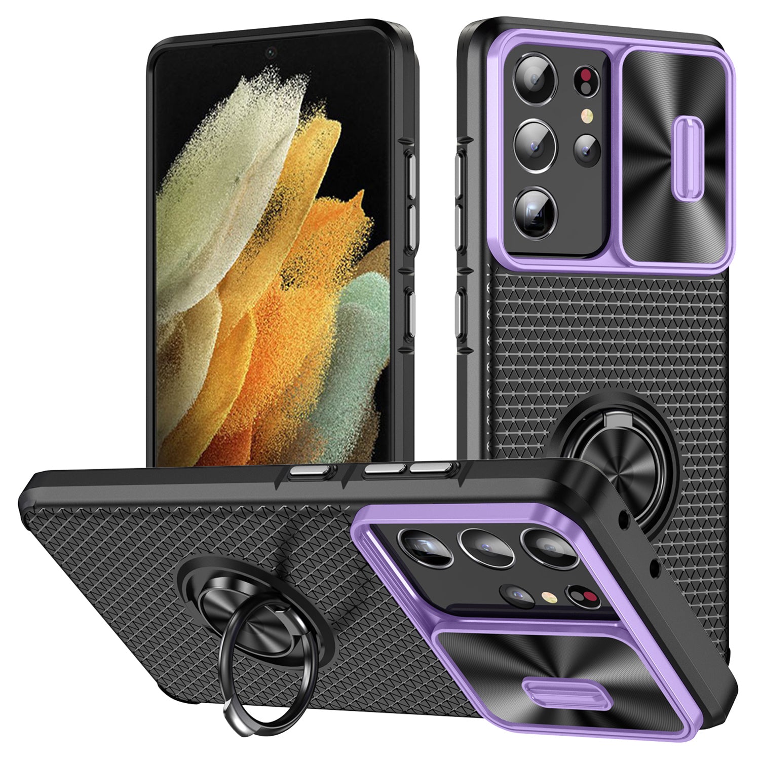 For Samsung Galaxy S21 Ultra 5G PC+TPU Phone Case Ring Kickstand Cover with Slide Camera Lens Protector